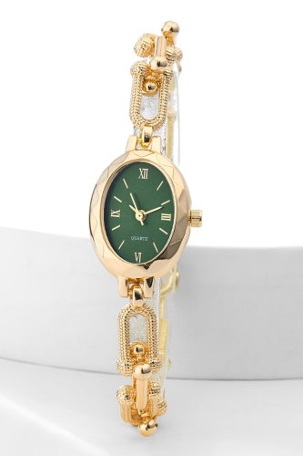 C.L.S.K. - Zincir Desenli Oval Saat 80CLSK1184 Gold&Zümrüt