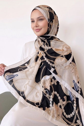 moda selvim Zincir Desenli Şal 160IPK758 Siyah - Thumbnail