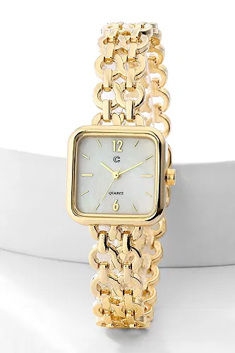 moda selvim Zincir Detaylı Kare Saat 8868CLSK1184 Ekru&Gold - Thumbnail