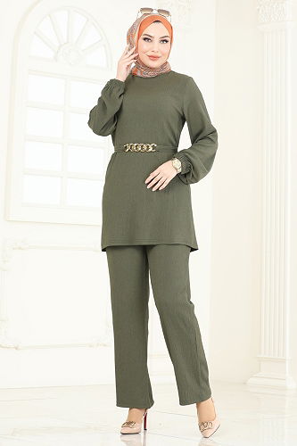 moda selvim Zincir Kemerli Tesettür Takım 344DVL817 Haki - Thumbnail