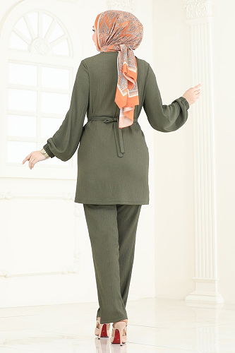 moda selvim Zincir Kemerli Tesettür Takım 344DVL817 Haki - Thumbnail