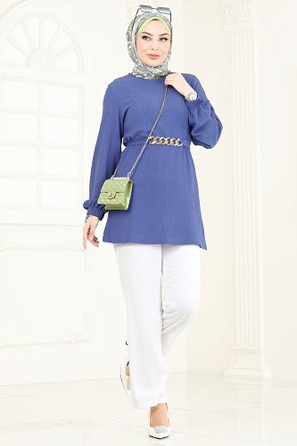 moda selvim Zincir Kemerli Tesettür Takım 344DVL817 İndigo&Ekru - Thumbnail