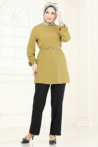 moda selvim Zincir Kemerli Tesettür Takım 344DVL817 Yağ Yeşili&Siyah - Thumbnail