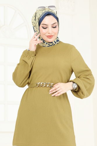 moda selvim Zincir Kemerli Tesettür Takım 344DVL817 Yağ Yeşili&Siyah - Thumbnail