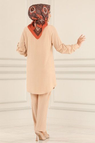 moda selvim Zincir Kolyeli Bürümcük Takım 8868AYD574 Kumsal Beji - Thumbnail