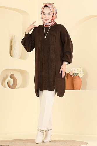 moda selvim Zincir Örme Detaylı Tunik 6017KLN570 Kahve - Thumbnail