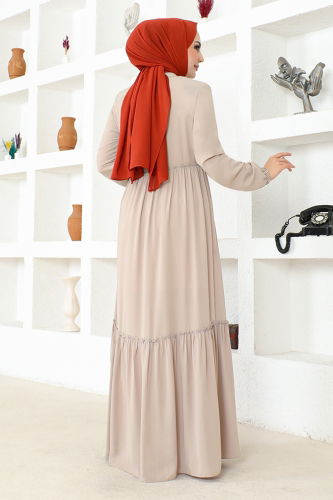 moda selvim Zippered Abaya with Folded Skirt OZA1013 Beige - Thumbnail