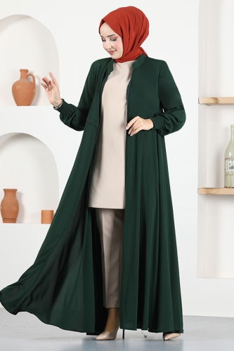 moda selvim Zippered Medina Silk Abaya MSL069 Emerald - Thumbnail