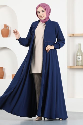 moda selvim Zippered Medina Silk Abaya MSL069 Navy Blue - Thumbnail