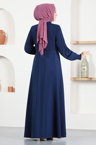 moda selvim Zippered Medina Silk Abaya MSL069 Navy Blue - Thumbnail