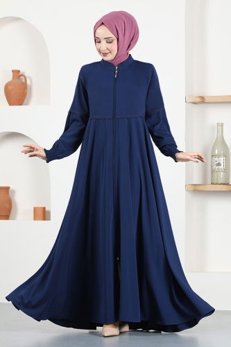 moda selvim Zippered Medina Silk Abaya MSL069 Navy Blue - Thumbnail